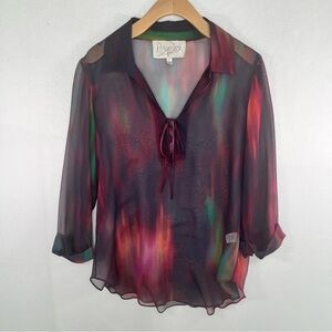 Rory Beca Women's 100% Silk Sheer Watercolor Boho V-Neck Tunic Blouse Artsy Sz M